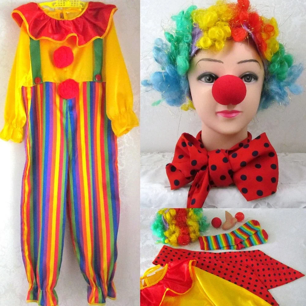 CLOWN COSTUME w WIG, KIDS M-L, RAINBOW CURLY WIG + NOSES, SCARF & SOCKS, FUN!